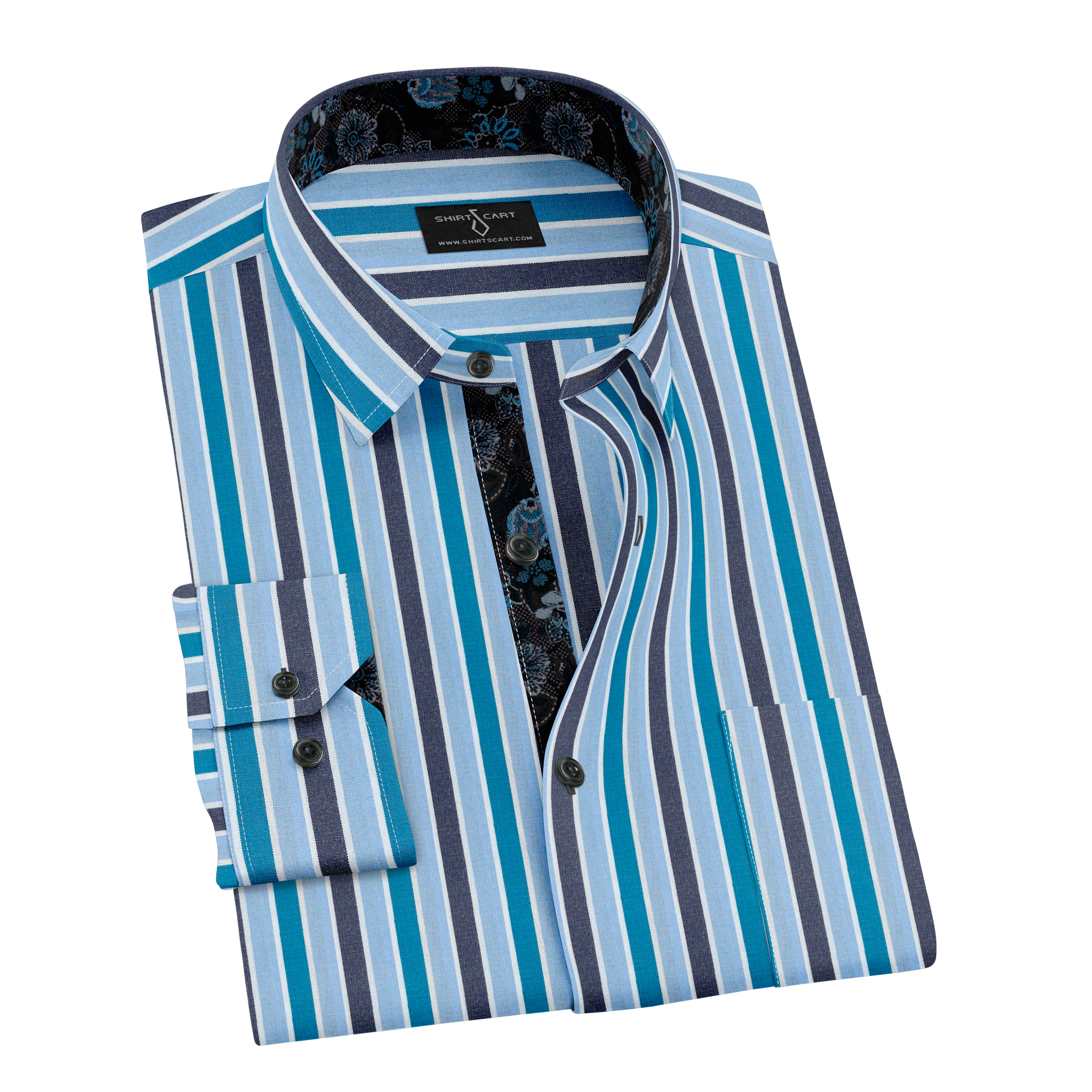 Sky-blue Shirt with Black and Blue Bold Stripes