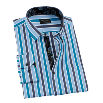 Sky-blue Shirt with Black and Blue Bold Stripes